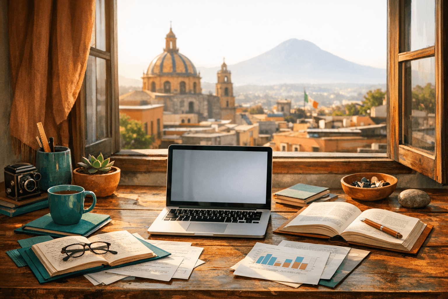 Research workspace overlooking a Mexican city