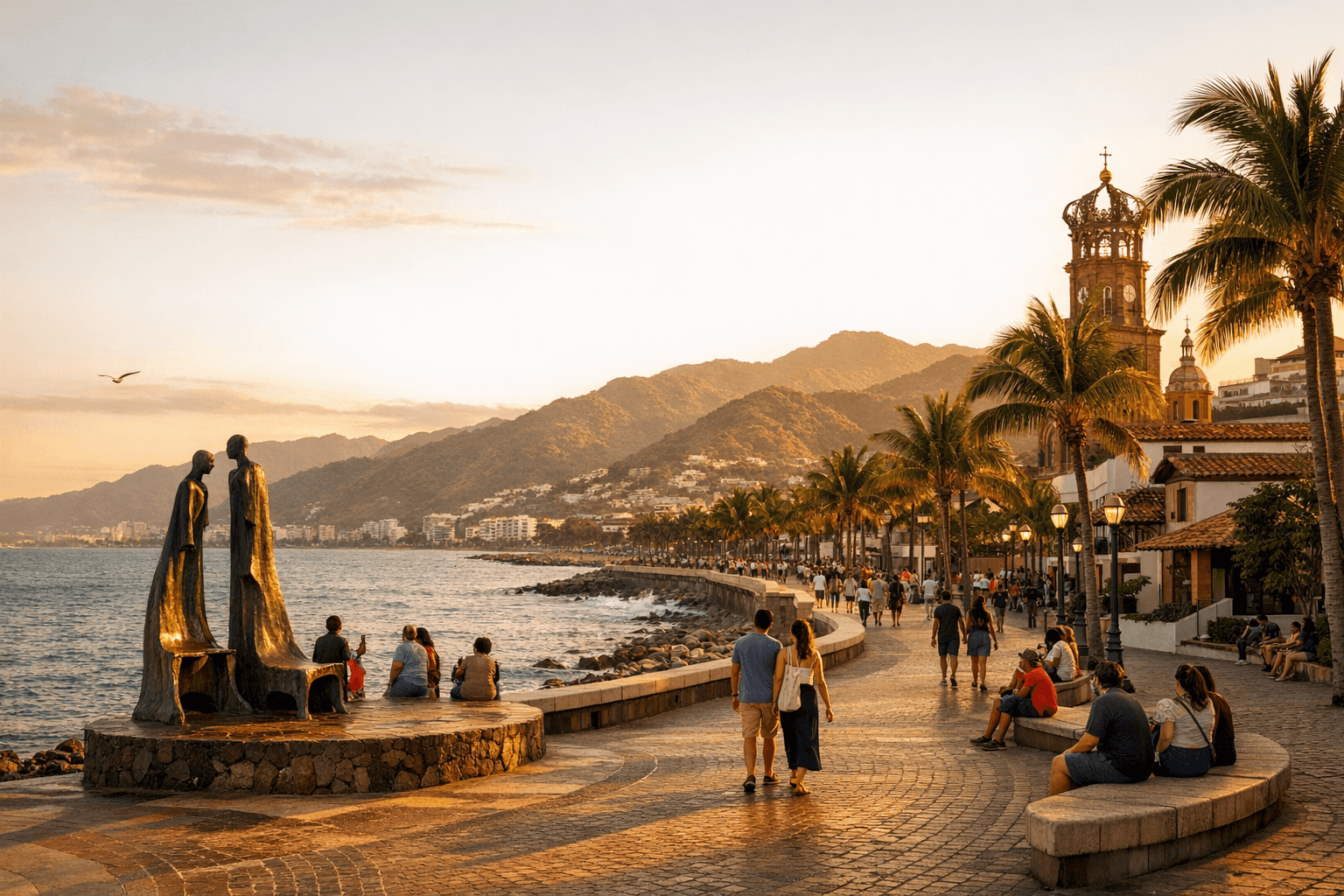 Puerto Vallarta Malecon boardwalk at golden hour