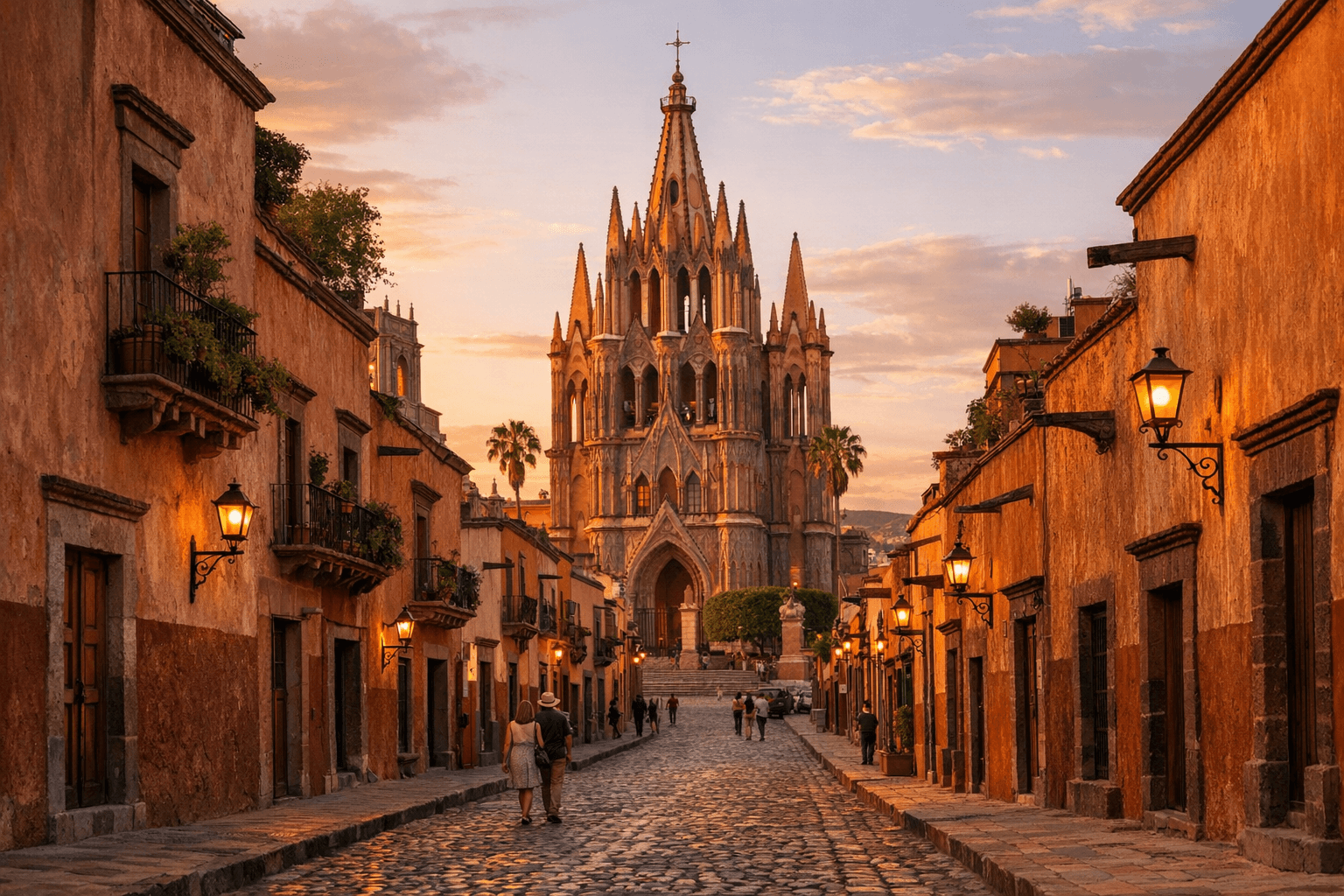 San Miguel de Allende Parroquia church and cobblestone streets