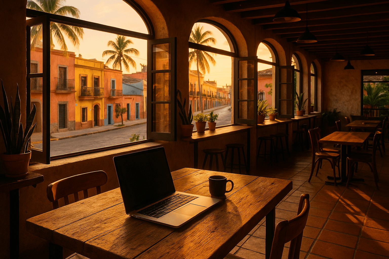 Modern cafe workspace overlooking colorful Mexican street with palm trees