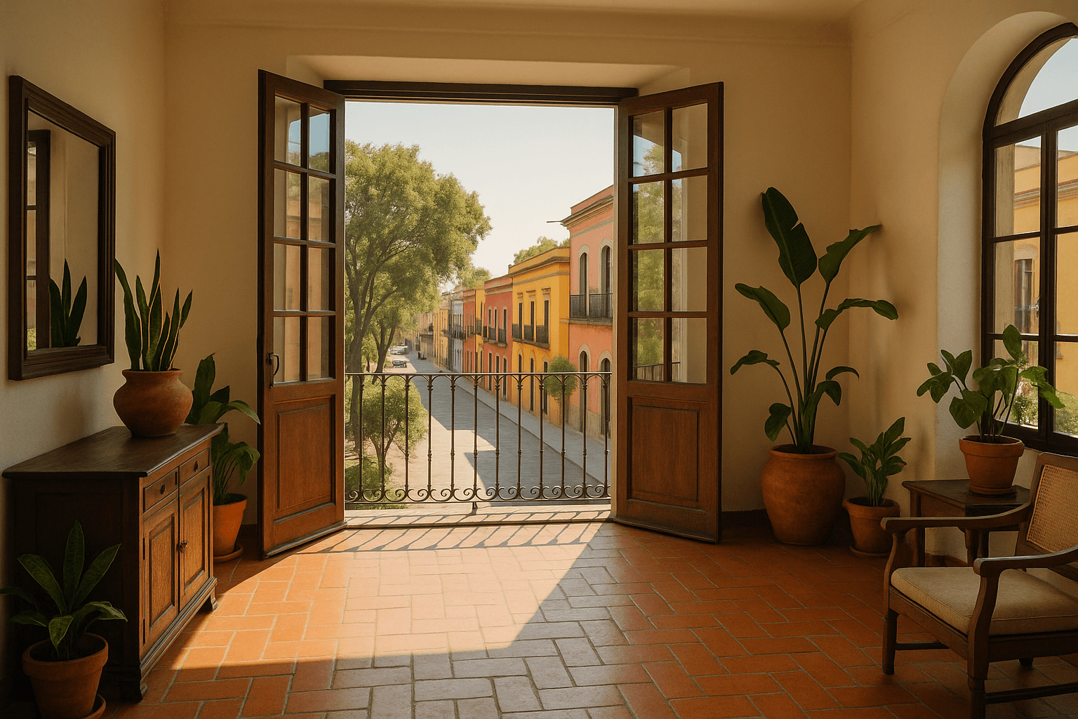 Colorful Mexican apartment buildings on a tree-lined street